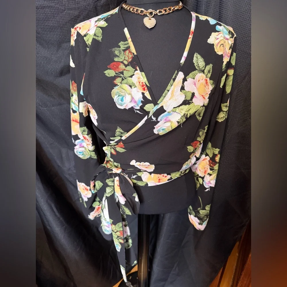 Fashion Nova Black Floral Wrap Blouse - Picture 2 of 6